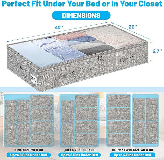 2 Pack 100L Under Bed Storage Containers, Low Profile Closet Organizers and Storage Bins for Dorm, Foldable Underbed Bag for Clothes, Blanket, Sheets, Wrapping Paper, Clear Window & Dual Zippers, Grey