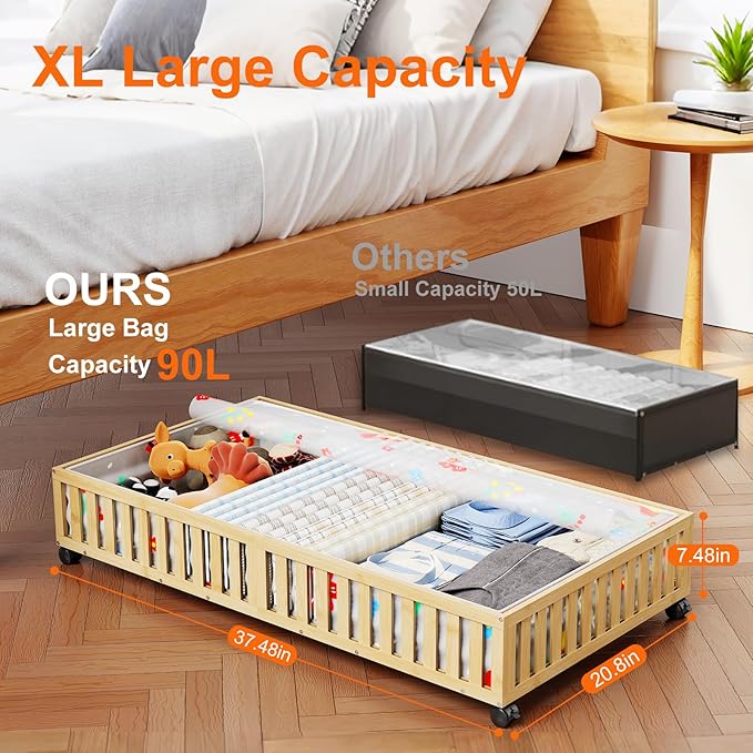Bamboo Under Bed Storage Containers with Wheels, 40L UnderBed Drawers with Dust Bag, Breathable Under Bed Shoe Storage, Rolling UnderBed Clothes Storage, 1Pack