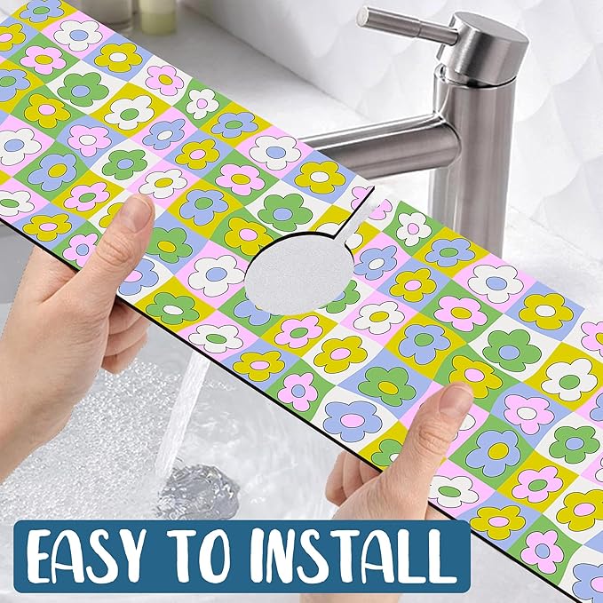 Cute Flowers Sink Splash Guard Retro Floral Faucet Absorbing Mat Fast Drying Mat Sink Gadgets Splash Guard Behind Faucet Drip Catcher for Kitchen Bathroom, 23.5"x5.5"