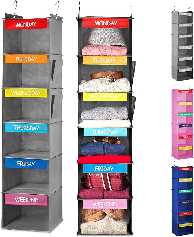 Handy Laundry Hanging Clothes Organizer for Kids - 6-Shelf Closet Daily Clothing Organization Labeled Shelves with Days of The Week Monday Through Friday, Weekday and Weekend (Grey-Colored)