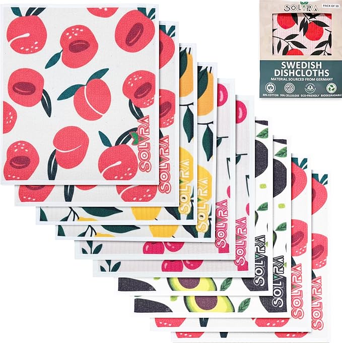 10 PCS Fruit Print Swedish Dishcloths for Kitchen 100% Biodegradabl, Reusable Cellulose Sponge Cloth, Ultra Absorbent, Eco Friendly Cleaning Towels | Dishcloths for Washing Dishes & General Cleaning