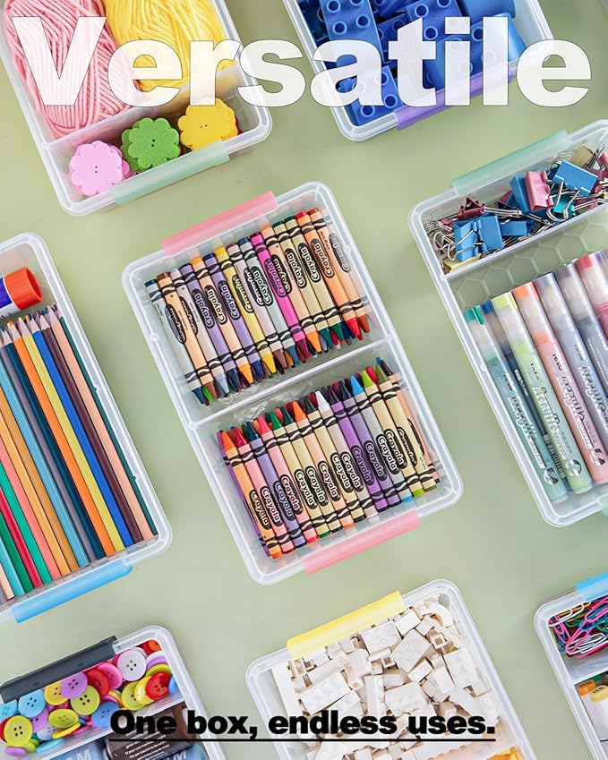 12 Pack Extra Large Pencil Box with Removable Divider, Thickened Pencil Case Bulk, Clear Crayon Marker Organizer Stackable Plastic Small Storage Containers for Pen Craft School Supplies, Multi