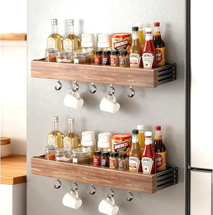 spice rack wood kitchen spice rack wall mounted adjustable adhesive or screw, hung on the door and wall, black large rack for storing items in refrigerators and ovens