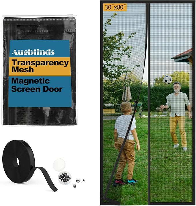 Magnetic Screen Door Mesh - Clear View Door Screen Mesh Size 32"x81" Fit Door 30 x 80 Inch,Heavy Duty Screen Door with Magnet Self-Closing & Windproof Hasp,Keep Bugs Out, Kid & Pet Friendly