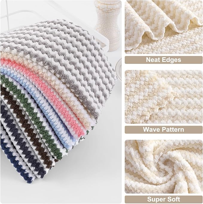 Homaxy 24 Pack Kitchen Dish Cloths, Ultra Soft and Absorbent Dish Towels, Reusable Fast Drying Microfiber Cleaning Cloth, Coral Velvet Wave Design No-lint, 10 x 10 inches, Beige