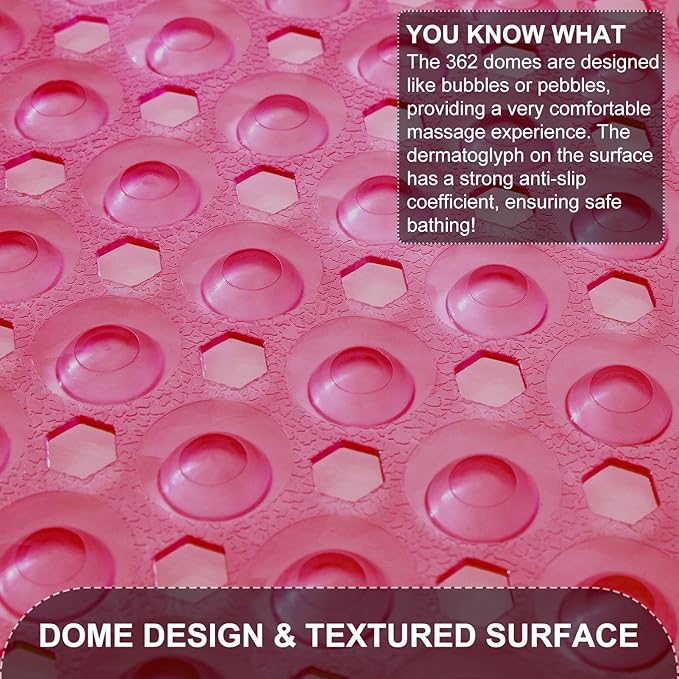 Bath Tub Shower Mat, Non Slip Bathtub Floor Liner Mats with Suction Cups and Drain Holes, Machine Washable Bathmat for Bathroom Floor Safety, 40 x 16 Inch, Clear Burgundy