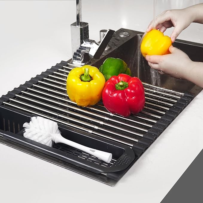 Roll Up Dish Drying Rack Over The Sink, 304 Stainless Stee Dish Drainer, Foldable & Adjustable Sink Drying Rack for Kitchen Sink Counter with Utensil Holder (Black, Roll Up,Small,Expandable)