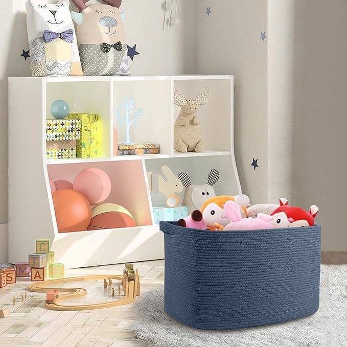 Extra Large Rectangle Storage Basket, 23.6" x 17" x 12" Dark Blue Blanket Storage for Living Room, Large Woven Cotton Rope Storage Box, Soft Kids Toy Basket Organizer Bin, Big Wicker Basket