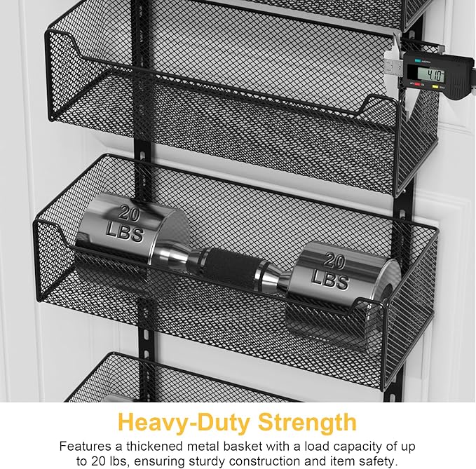 Over the Door Organizer, 8-Tier Pantry Organizer with Fully Enclosed Mesh Baskets, Heavy-Duty Metal Hanging Spice Rack for Kitchen Bathroom Laundry Room, 2-in-1 Wall Mount or Door Mount, Black