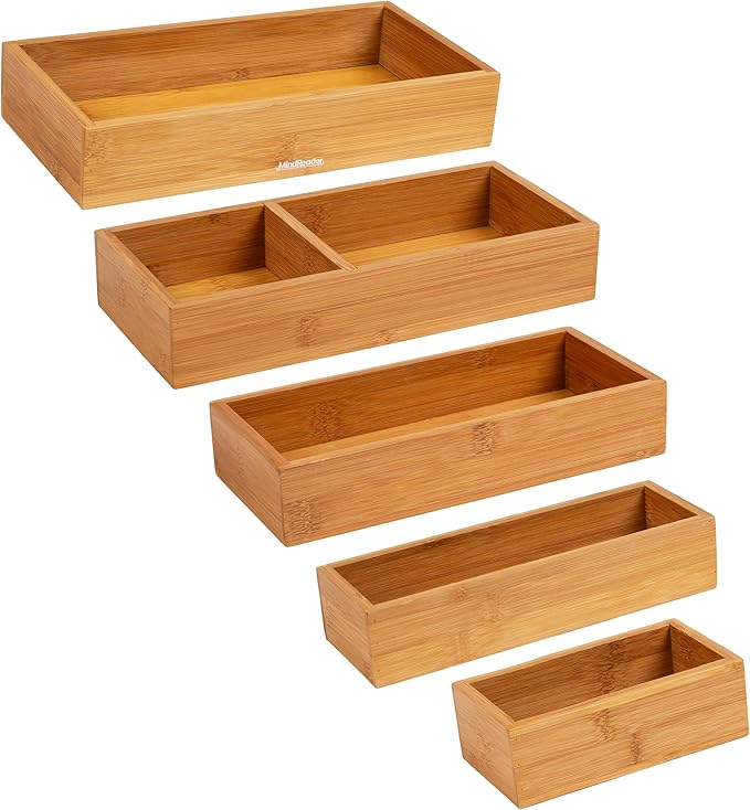 Mind Reader 7-Piece Bamboo Drawer Organizer Set, Storage Trays for Kitchen, Bathroom, Office, Makeup, Jewelry & More, Utensil Holder, Rayon from Bamboo, 21"L x 13.875"W x 2.375"H, Brown