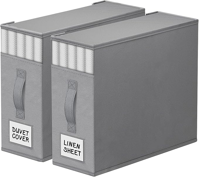 2 Pack Bed Sheet Closet Organizers and Storage,Sturdy Foldable Storage Containers with Window and Label,Storage and Organization for Bedding Sheets,Duvet Covers,Blankets (Grey)