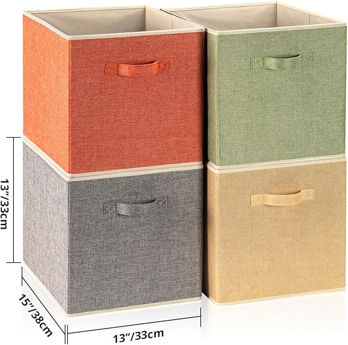 Storage Cube Organizer Bin 13" x 15" x 13" Large Boxes Fabric Basket with Handles for Organizing Shelves Closet Clothes 4 Color Set A