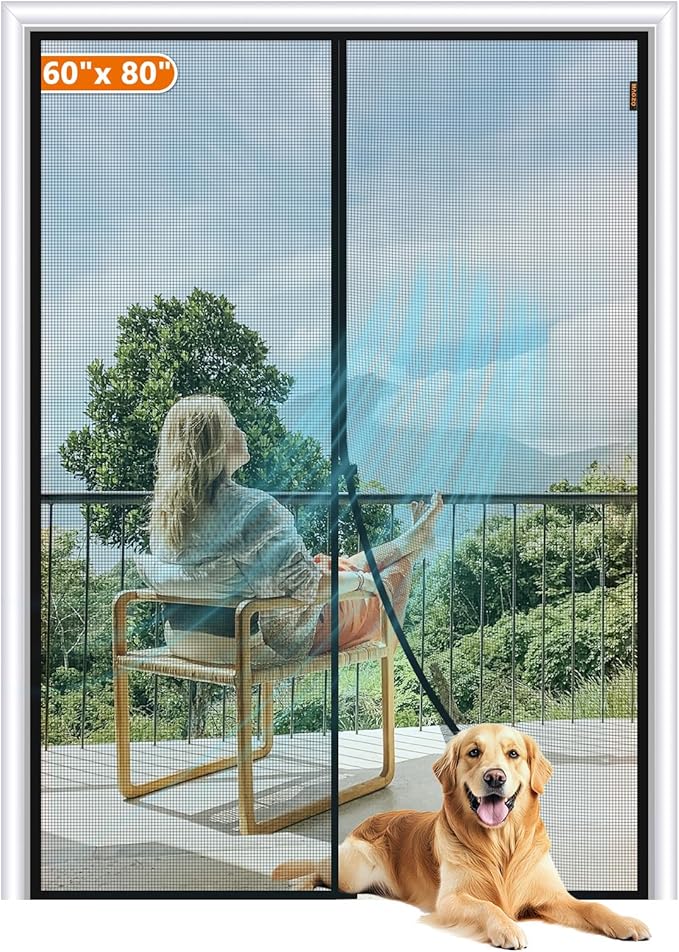 MAGZO Magnetic Screen Door Fit Door Size 60 x 80 Inch, Screen Size 62" x 81" Strong Magnet French Style Mesh, Heavy Duty Fiberglass Mesh with Hook & Loop for Sliding Entrance, Gray