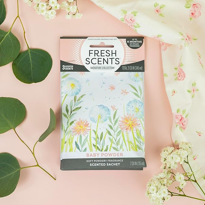 Fresh Scents Scented Sachets | Baby Powder | Home Fragrance | Long Lasting (Up to 6 Months) | Air Freshener for Closets, Drawers, & Cars | 6 Pack
