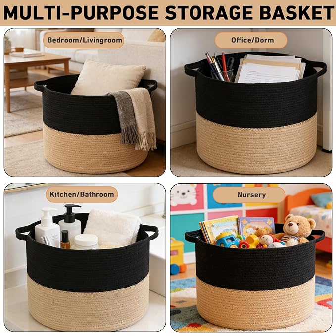 65L Large Blanket Basket,19.7" L x 19.7" W x 13" H Rope Woven Baskets with Handles, Toys Storage Bins,Laundry Basket Perfect for Living Room, Nursery,Bedroom,Home Organization,Black&Camel