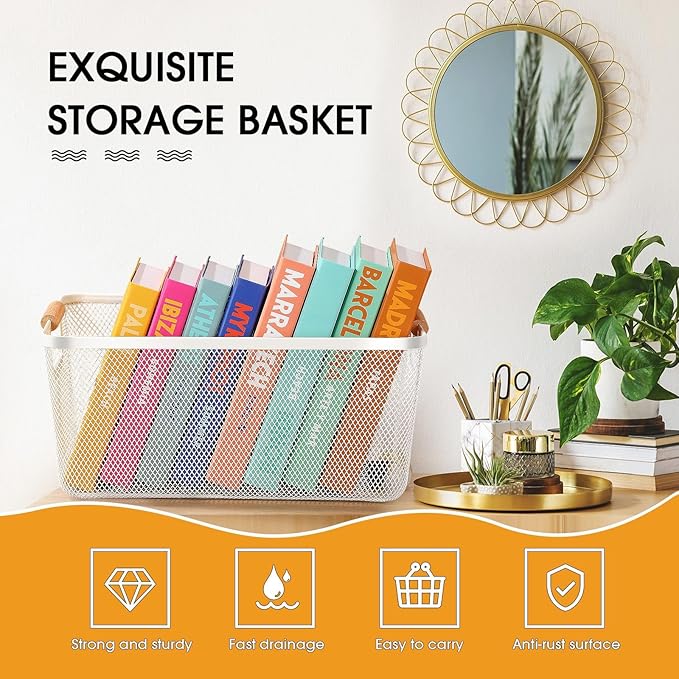 4 Pcs Metal Wire Basket with Wooden Handles Mesh Steel Storage Organizer Bin Containers for Home Cabinet Pantry Closet Kitchen Fridge Fruit Makeup Snacks Gifts(Extra Large,Cream White)