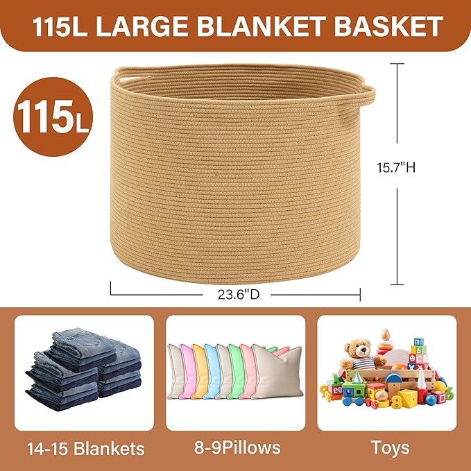 Foldable Laundry Hamper Basket with Collapsible Handle Cotton Rope Soft Woven Fabric Storage Organizer Clothes Toys Nursery Bedroom Dorm Space Saving Bin (Camel, 115L(23.6"D x 15.7"H))