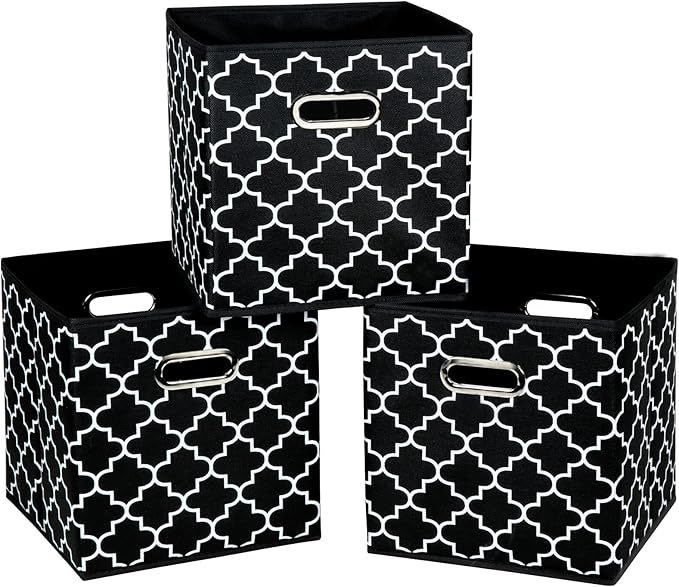 STOREONE Fabric Storage Bins Cubes Baskets Containers-(11X11X11) with Dual Metal Handles for Shelf Closet, Bedroom Drawers Organizers, Foldable Set of 3 (Black Light)