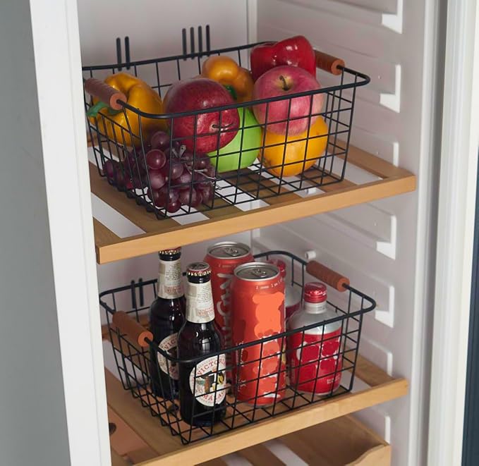 Wire Kitchen Storage Basket 4 Packs,Perfect Pantry Organization Accessories Baskets,Laundry Basket,With a Wooden handle,Suitable for Kitchen,Bathroom,Bedroom,Tabletop,Stackable,Black