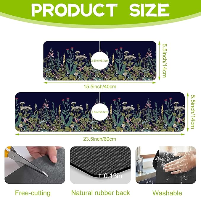 Kitchen Sink Splash Guard Faucet Mat Super Absorbent Fast Drying Mat Guard Behind Faucet Drip Catcher for Kitchen Bathroom (Colorful Herbs and Wild Flowers, 23.5"X5.5")