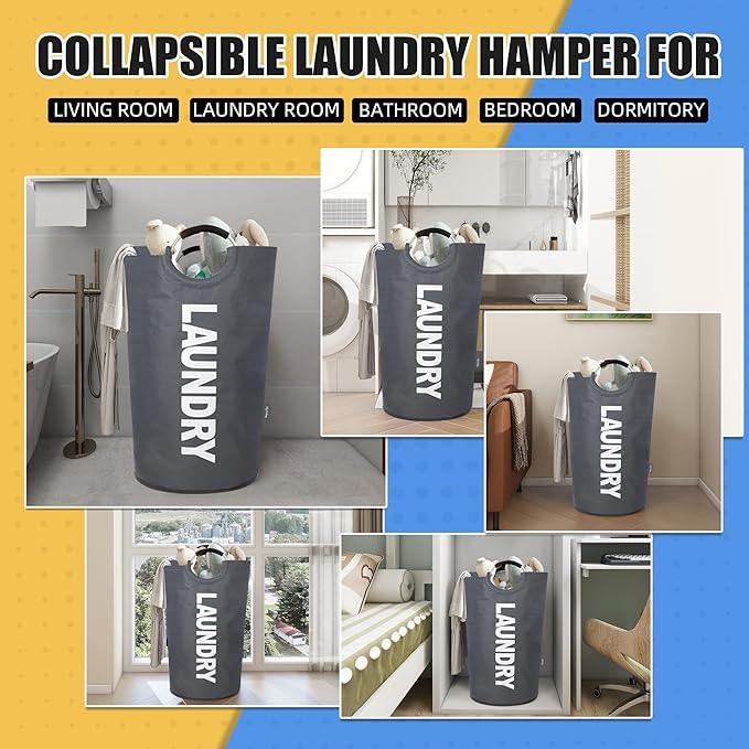 100L Laundry Basket, Collapsible Laundry Hamper with Padded Handles, Waterproof Laundry Bag, Tall Clothes Hamper Stand Up Well, Foldable Laundry Baskets for Easy Storage(Printed Dark Grey)