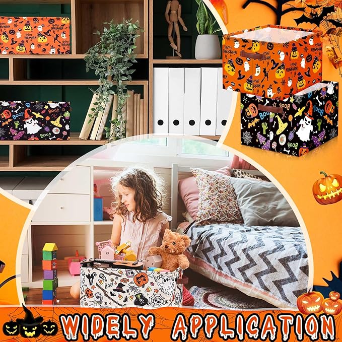 Boao 3 Pack Halloween Ghost Basket with Handles Collapsible Large Canvas Storage Baskets Boo Spooky Skull Pumpkin Cat Foldable Storage Bins Organizer Bins for Trick or Treat Gifts Bedroom Home Office