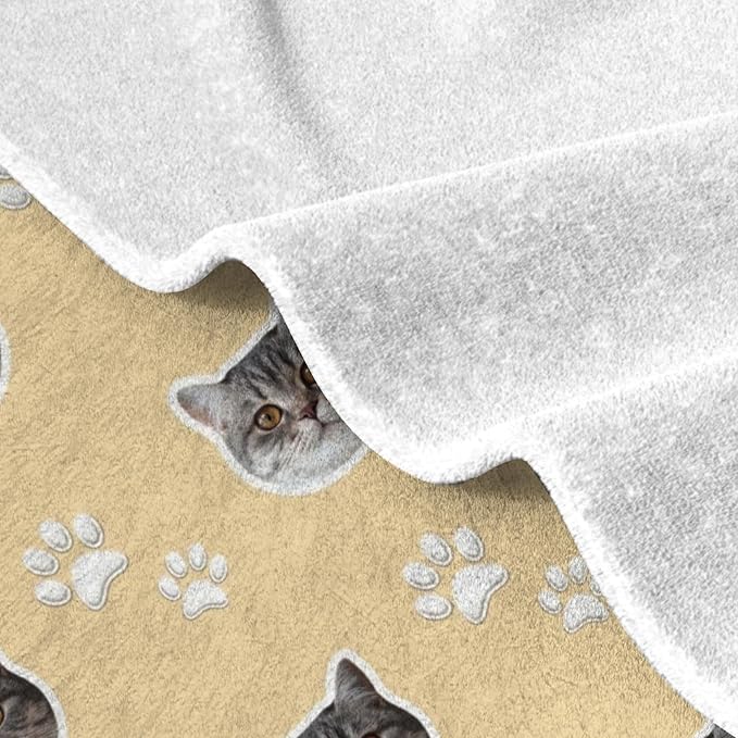 Custom Blanket with Funny Cat Face Personalized Soft Warm Fleece Throw Blankets with Paw Bones Customized Throws for Couch Bed Sofa Unique Gifts for Cat Dad Mom Pet Lovers