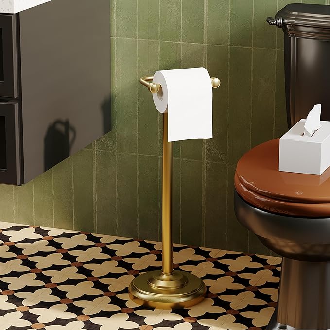 Toilet Paper Holder Stand,Free Standing Toilet Paper Holder,Modern Post Pivoting Toilet Paper Stand with Stable Weighted Base,SUS304 Stainless Steel Tissue Roll Holder Stand for Bathroom,Brushed Gold