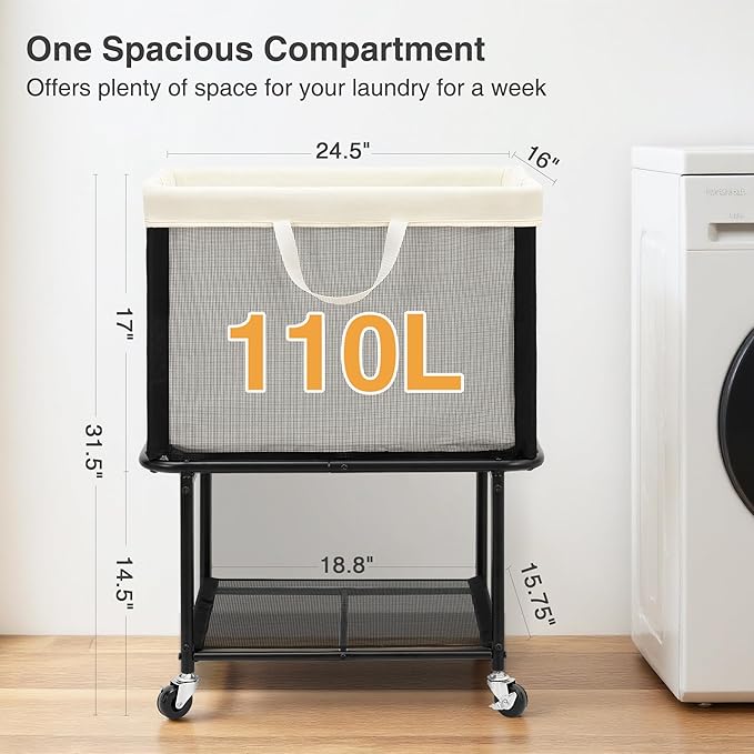 STO STO Rolling Laundry Hamper with Lockable Wheels, 29-Gallon (110L) Laundry Cart with Removable Canvas Bag, 2-Tier Clothes Basket Hamper with Shelf for Closet, Bedroom, Bathroom, Laundry Room