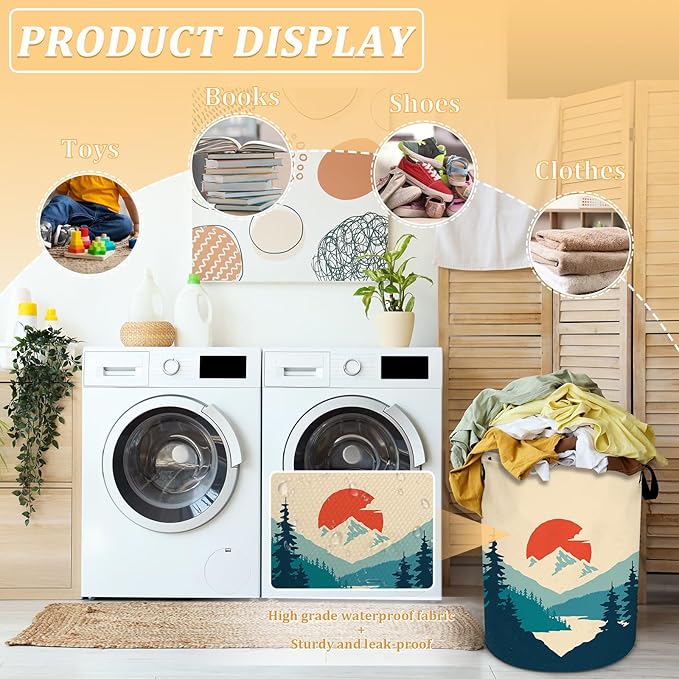 Mountains Sunset Laundry Basket, Nature Scenery Forest Laundry Hamper Foldable Waterproof Tote Bag Dirty Clothes Storage Bucket Toy Organizer for Bathroom/Laundry/Bedroom 15.7"x19.6"