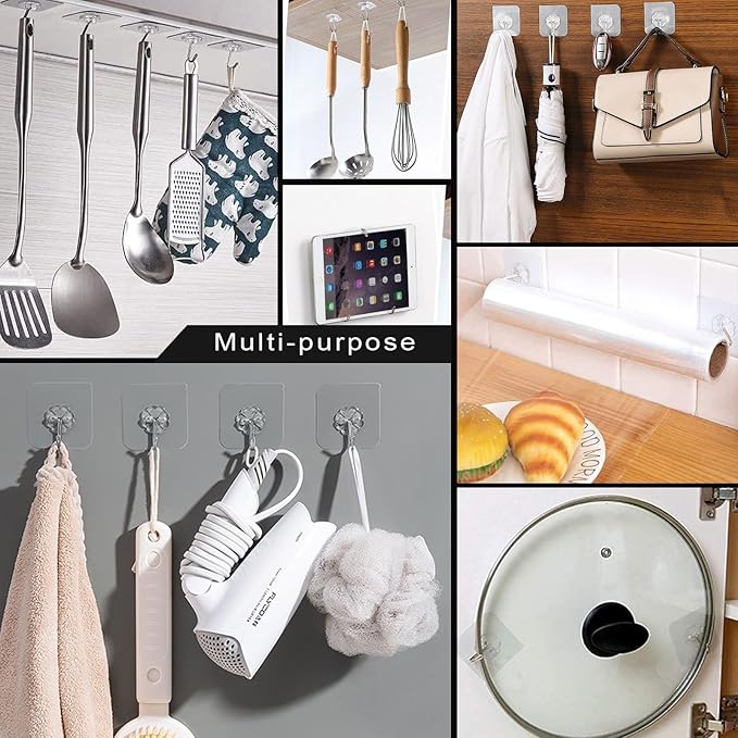 ZESLMG Adhesive Wall Hooks for Hanging, 32 Pack Self Sticky Hooks Heavy Duty 22lb Clear, Removable Shower Hook No Damage for Towel Key Coat Wreath Picture Outdoor Ceiling Bathroom Kitchen, Waterproof