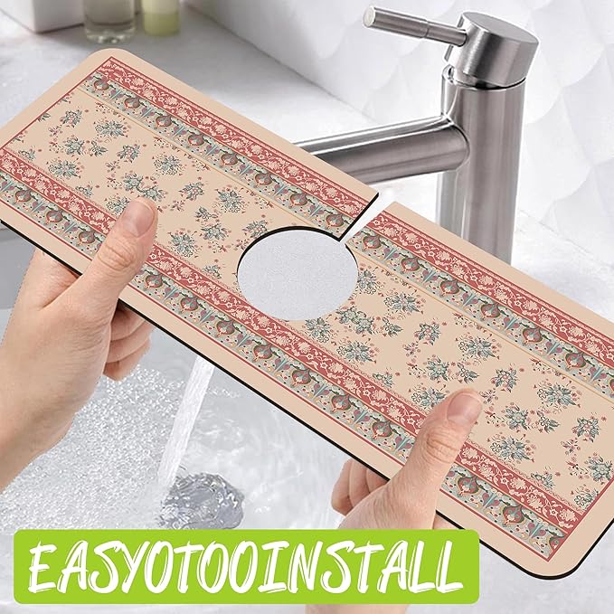 Sink Splash Guard Faucet Mat Retro Boho Flowers Absorbent Fast Drying Mat Sink Gadgets Splash Guard Behind Faucet Drip Catcher for Kitchen Bathroom 15.5"X5.5"