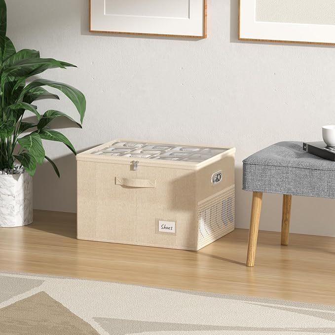 Shoe Organizer for Closet, Large Shoe Box Storage Containers with Clear Window, Space Saving Shoe Bin with Foldable Bottom Support Adjustable Dividers - Fits 16 Pairs (Beige, (19.7*15.7*13)x1)