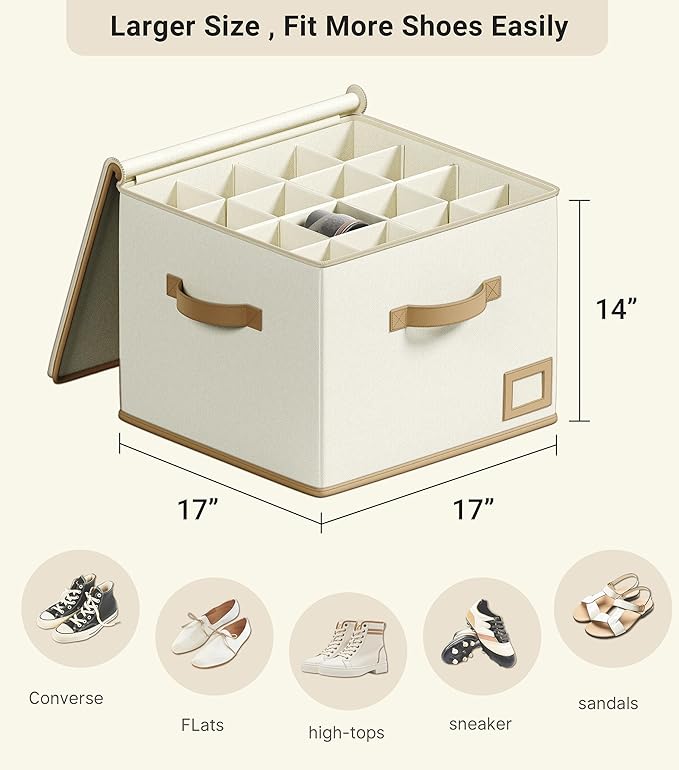 Vailando Shoe Organizer for Closet – Square Shoe Storage Box with Adjustable Dividers, Foldable Shoe Organizer for Shoes & Boots, Beige, 2-Pack, Large