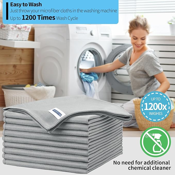 HOMERHYME Microfiber Cleaning Cloth - 10 Pack Glasses Cleaning Cloth, 16" x 14" Window Cleaning Rags, Streak Free Lint Free Polishing Cloths Wipes for Eye Glass, Stainless Steel, Windshield, Grey