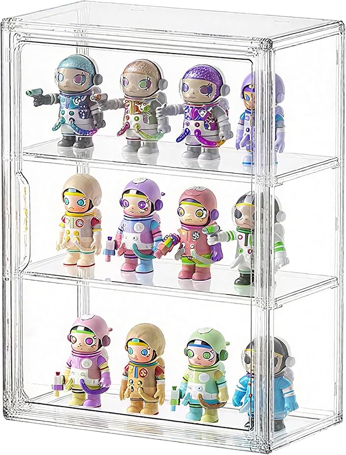 Clear Acrylic Display Case for Figures&Collectibles,3 Tier Lego Labubu Toy Box, Desktop or Storage Bin with 2 Removable Shelves,Figurine Display Shelf,Stackable Display Cabinet for Collectibles-1 Pack
