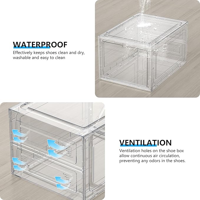 MCIJRJOI 12 Pack Hard Sturdy Thickened Rigid XX Large Shoe Storage Organizer for Closet, Clear Stackable Sneaker Shoe Boxes Rack Containers Display Case Bins with Lids, White