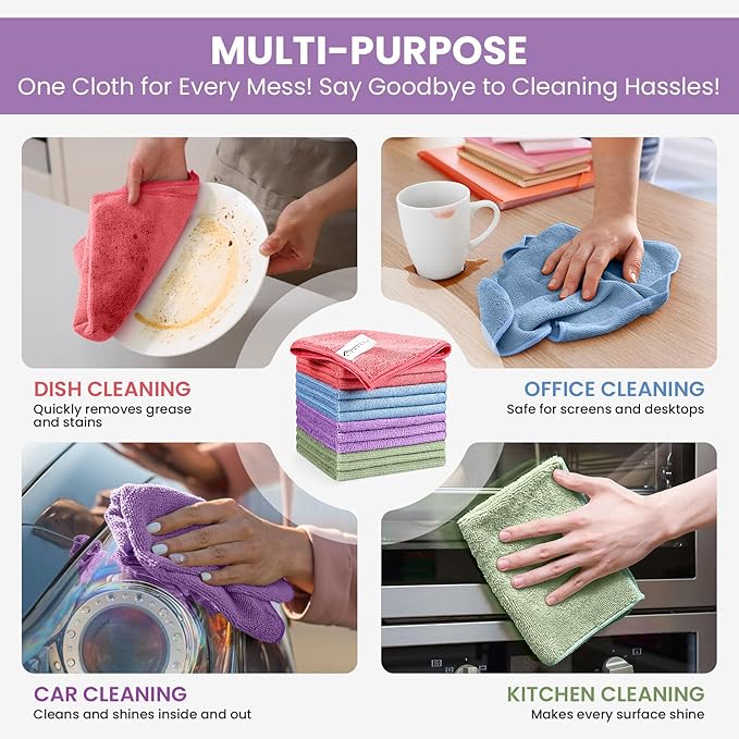 Microfiber Cleaning Cloth, 34 Pack Assorted Color Cleaning Rags for Housekeeping, Colorful Reusable Microfiber Towels for Car, Kitchen, Bathroom and Household Cleaning Supplies, 11.8"X11.8"