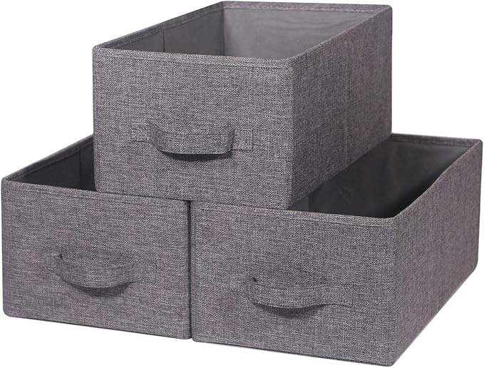 Set of 3 Closet Organizer Bins with Handle, Fabric Foldable Storage Baskets Cloth Box Containers for Shelves Home Office Clothes Clothing Large