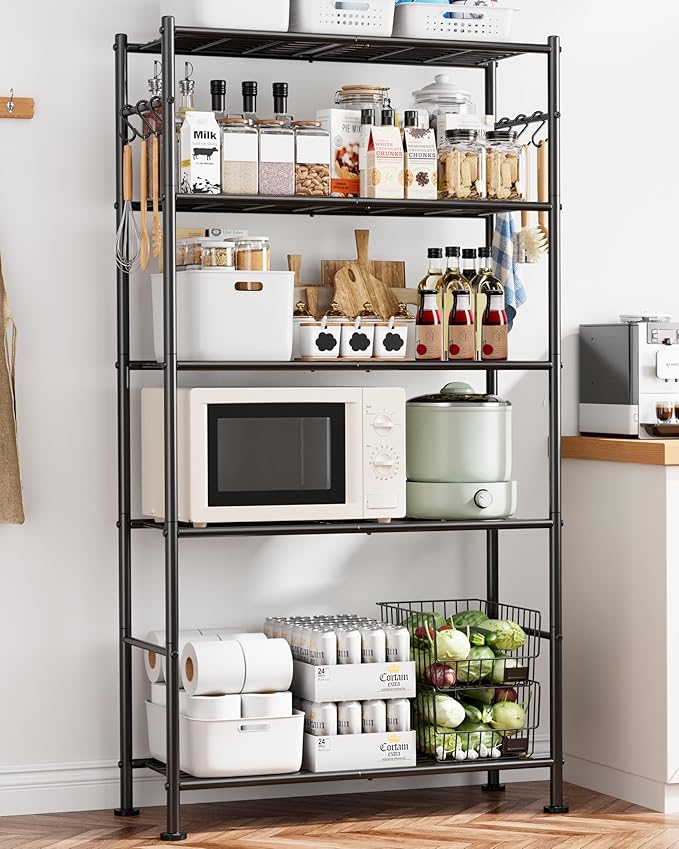 Storage Shelves - 5-Tier Large Capacity Shelf Organizer with Hooks, Heavy-Duty Garage Shelving with Leveling Feet, Wobble-Free Rack for Bedroom, Balcony, Garage, 32.1"×12.4"×71.4", Black