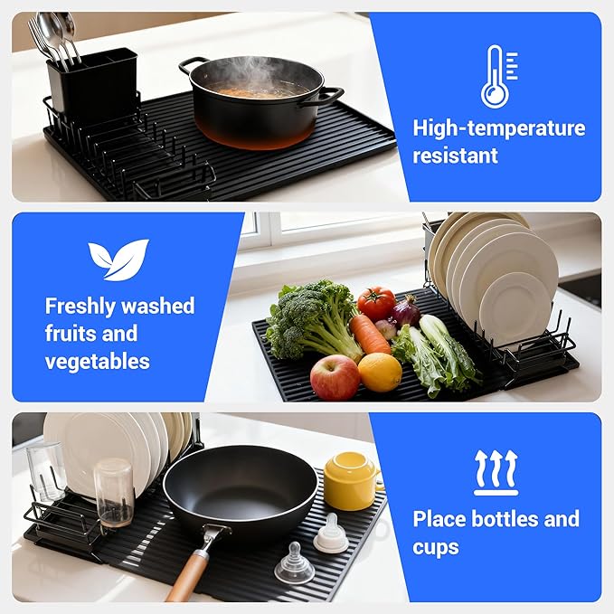 Dish Drying Rack, Stainless Steel Expandable in Sink & Countertop, Space Saving with Silicone Mat and Drying Rack for Kitchen, Rv, Commercial Use