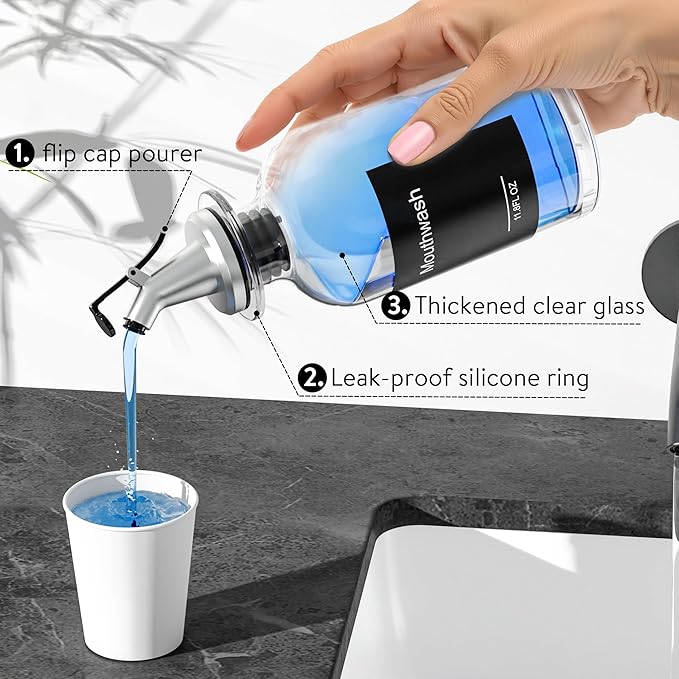 Moforoco Glass Mouthwash Dispenser with Toothbrush Holders, 11.8Oz Mouth Wash Bottle Container with Cup Holder, Funnel, Labels, and Drying Stone Tray, Bathroom Decor Accessories Set, Black