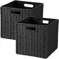 Woven Wicker Storage Baskets 2-Pack, 11x11 Handwoven Paper Rope Organizer Bins, Foldable Cube Storage Cubes with Built-in Handles for Shelves and Closet Organization(Classic Black)