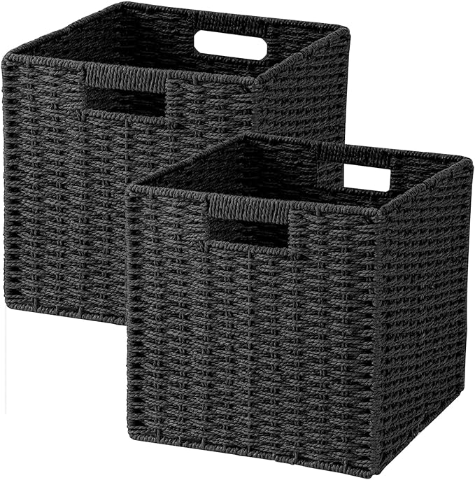 Woven Wicker Storage Baskets 2-Pack, 11x11 Handwoven Paper Rope Organizer Bins, Foldable Cube Storage Cubes with Built-in Handles for Shelves and Closet Organization(Classic Black)