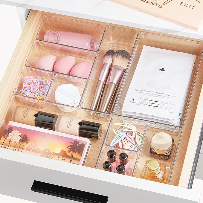 Vtopmart 66 PCS Clear Plastic Drawer Organizer Bins, 4-Size Versatile Bathroom and Vanity Organizer Trays, Acrylic Storage Containers for Makeup, Jewelry, Toiletry, Kitchen Utensils and Office Supply