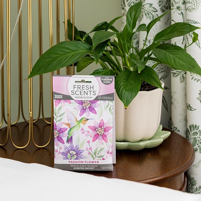 Fresh Scents Scented Sachets | Passion Flower | Tropical Floral Home Fragrance | Long Lasting (Up to 6 Months) | Air Freshener for Closets, Drawers, & Cars | 6 Pack