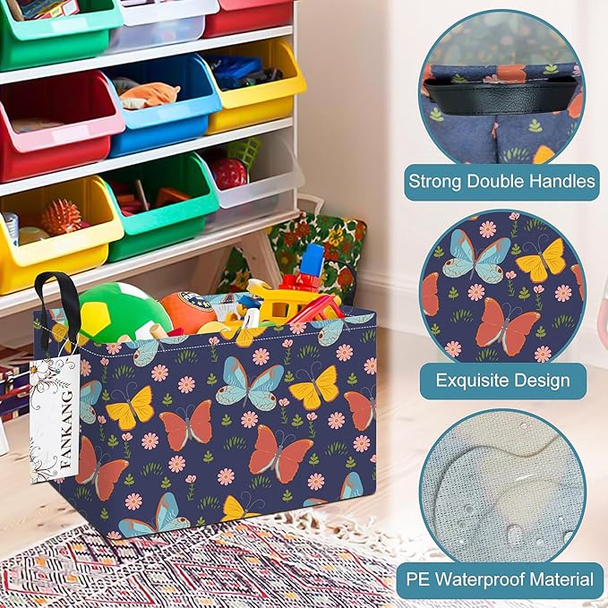 FANKANG Storage Bins, Nursery Hamper Canvas Laundry Basket Foldable with Waterproof PE Coating Large Storage Baskets for Kids Boys and Girls, Office, Bedroom, Clothes,Toys(Rec-Colorful Butterfly ）