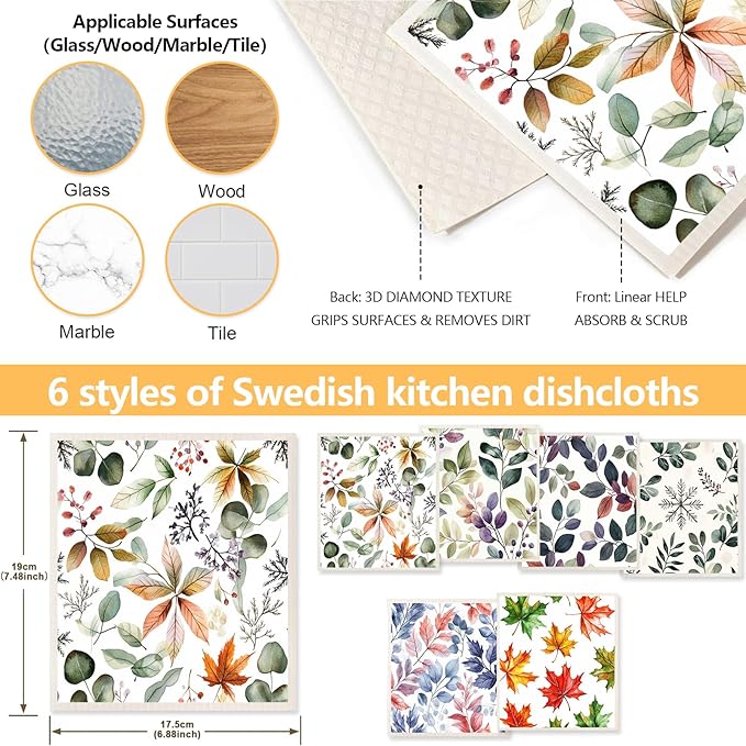 6 Pack Swedish Dishcloths for Kitchen - Reusable Dish Paper Towels Wash Cloths Washable,Absorbent Cellulose Cleaning Sponge Cloth Wipes Quick Dry, Decorative Tea Towels,No Odor Biodegradable(Flowers)