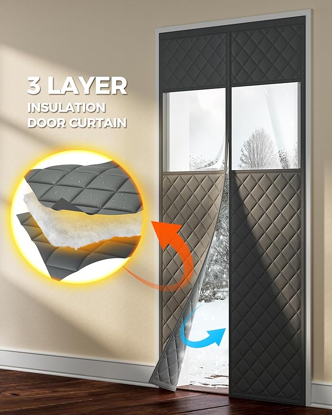 Magnetic Thermal Insulated Door Curtain Fits Door Size 32" x 80", Oxford Cloth Thicken Cotton Fiber Filled, Self-closing Screen Insulation Cover Keep Warm in Winter, with Clear Windows, Grey