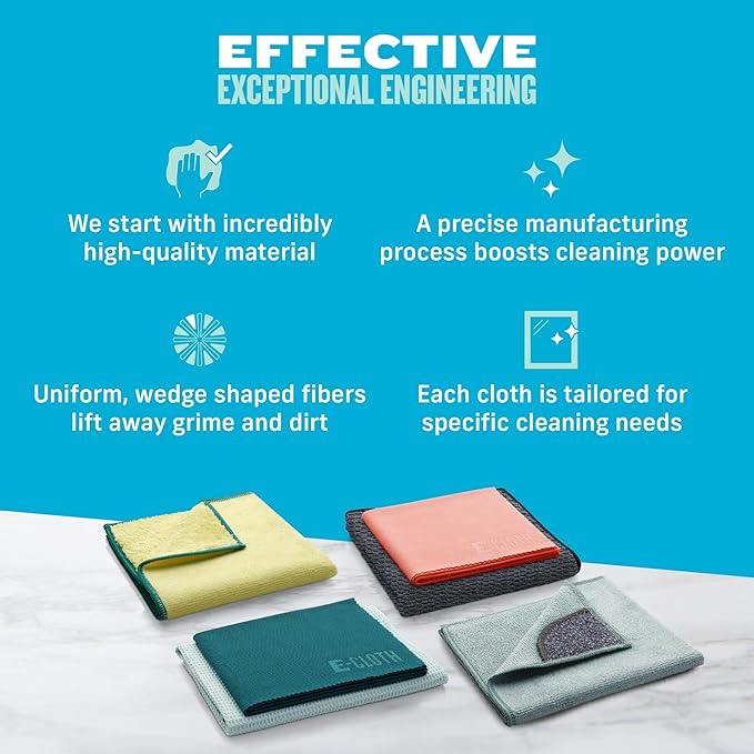 E-Cloth 6-pc Home Cleaning Essentials, Contains Multiple Microfiber Cleaning Cloths for a Streak-Free Clean Glass, Window, Kitchen, Dust, Granite, and Marble, 100 Wash Promise